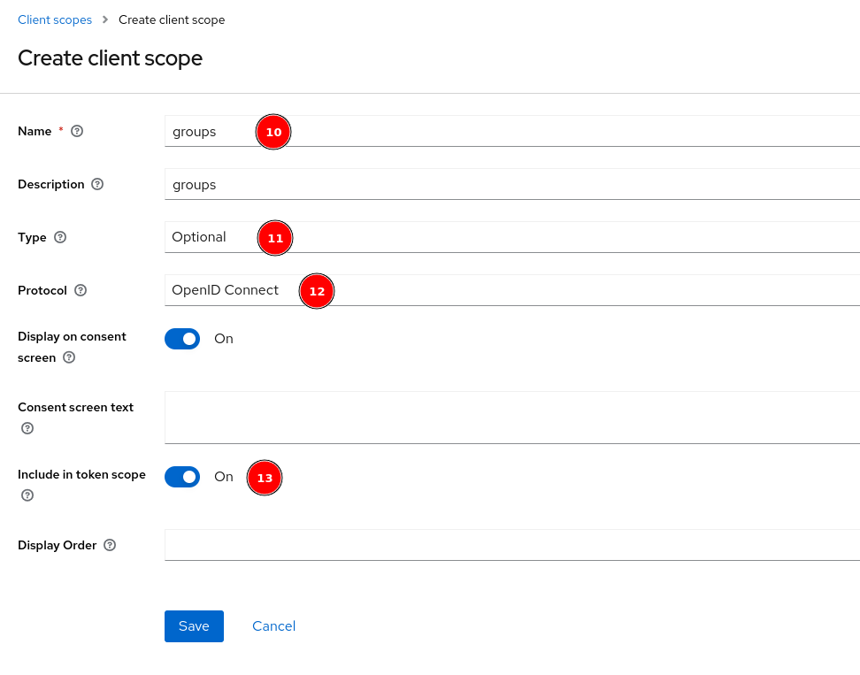 The Keycloak Add Client Scope page with the Name, Type, Protocol and Include in Token Response fields highlighted.